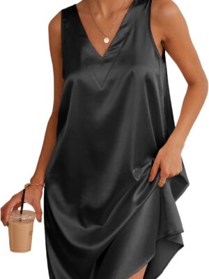 Women Satin Silk Nightgown V Neck Nightie Tank Sleepshirt Sleeveless Summer Dress Comfy Loungewear