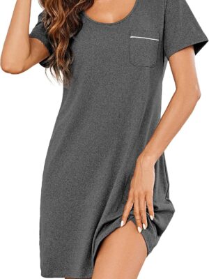 Women Nightgown Nightshirts Short Sleeve Sleepwear Round Neck Sleepshirt with Chest Pocket
